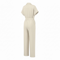Light Khaki Textured Lace Up Waist Jumpsuit Short Sleeve Jumpsuit - Modestly Vogue 