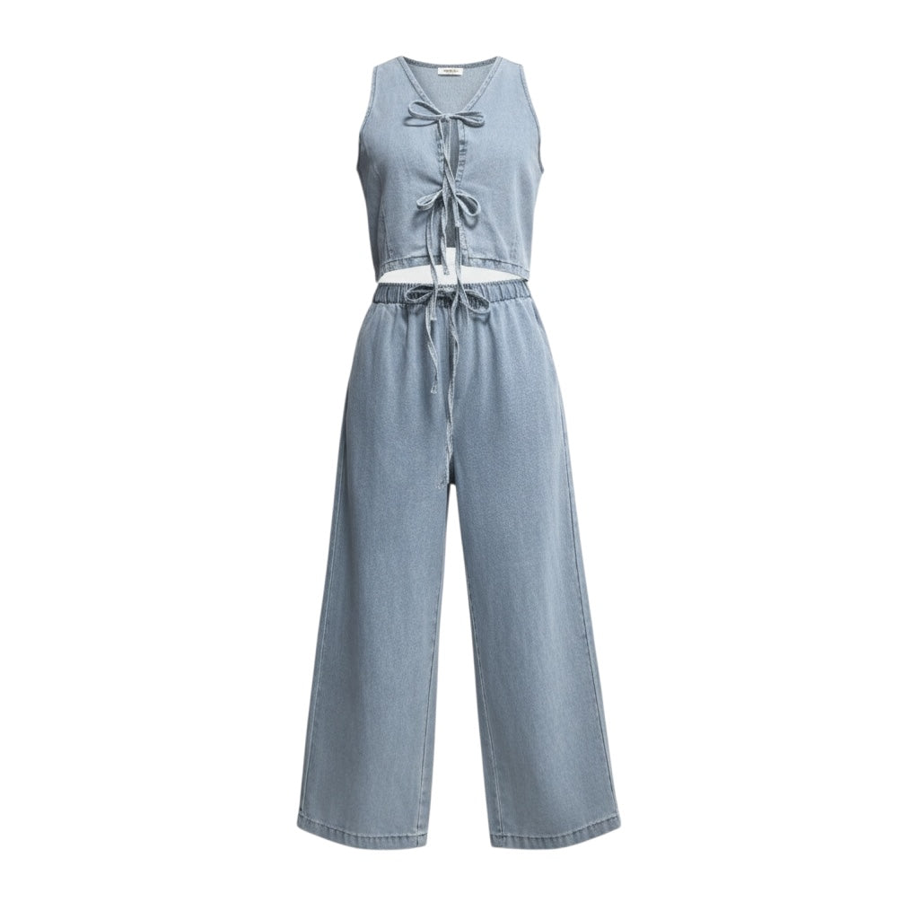Women Spring Summer Sleeveless Lace up Vest Lace up Wide Leg Jeans Denim Set - Modestly Vogue 