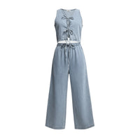 Women Spring Summer Sleeveless Lace up Vest Lace up Wide Leg Jeans Denim Set - Modestly Vogue 