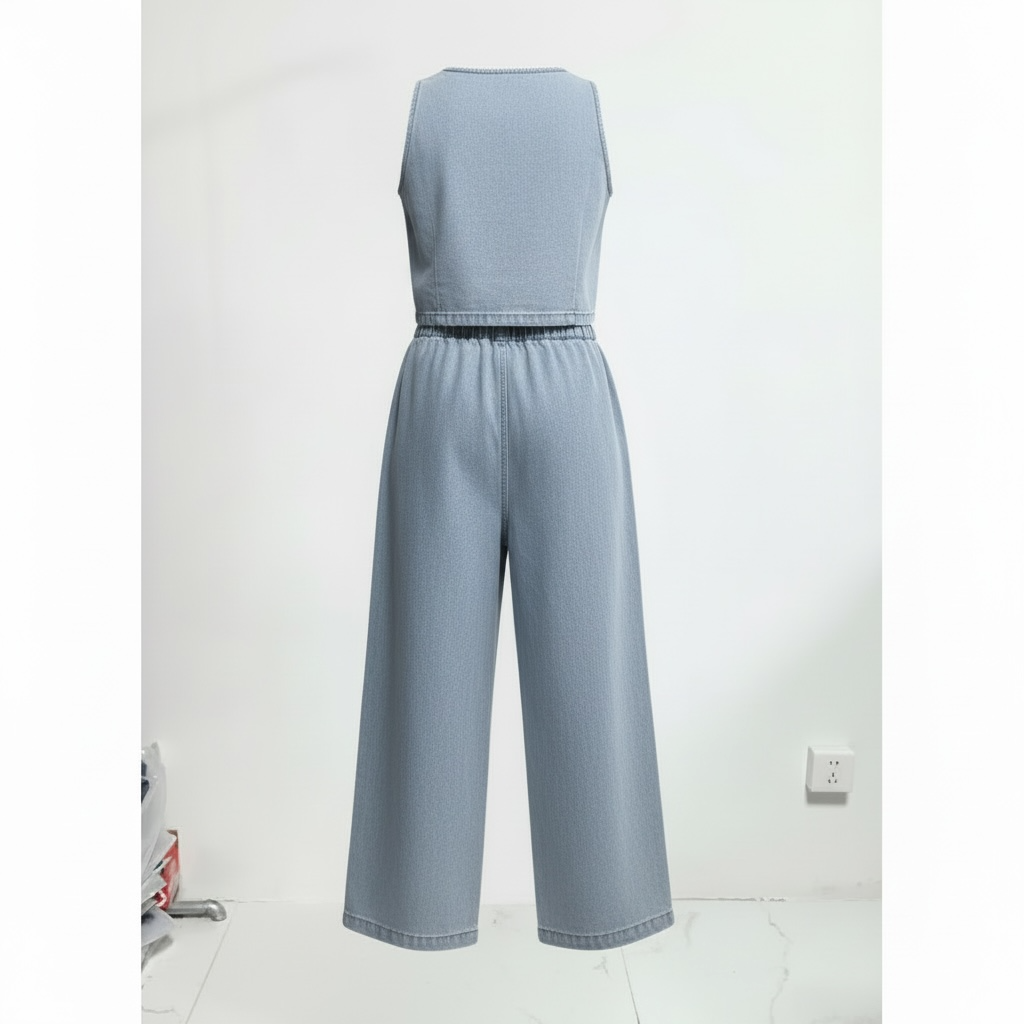 Women Spring Summer Sleeveless Lace up Vest Lace up Wide Leg Jeans Denim Set - Modestly Vogue 