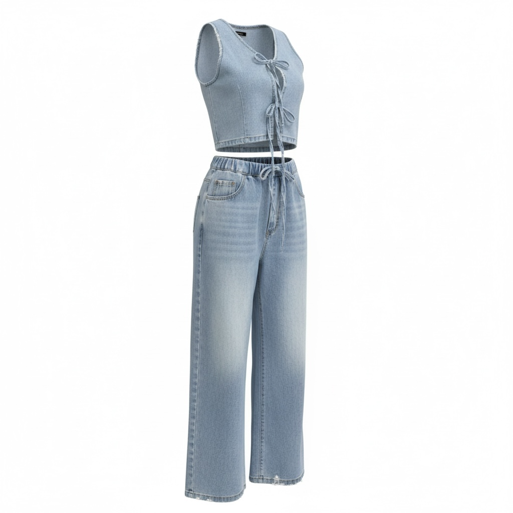 Women Spring Summer Sleeveless Lace up Vest Lace up Wide Leg Jeans Denim Set - Modestly Vogue 
