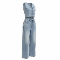 Women Spring Summer Sleeveless Lace up Vest Lace up Wide Leg Jeans Denim Set - Modestly Vogue 
