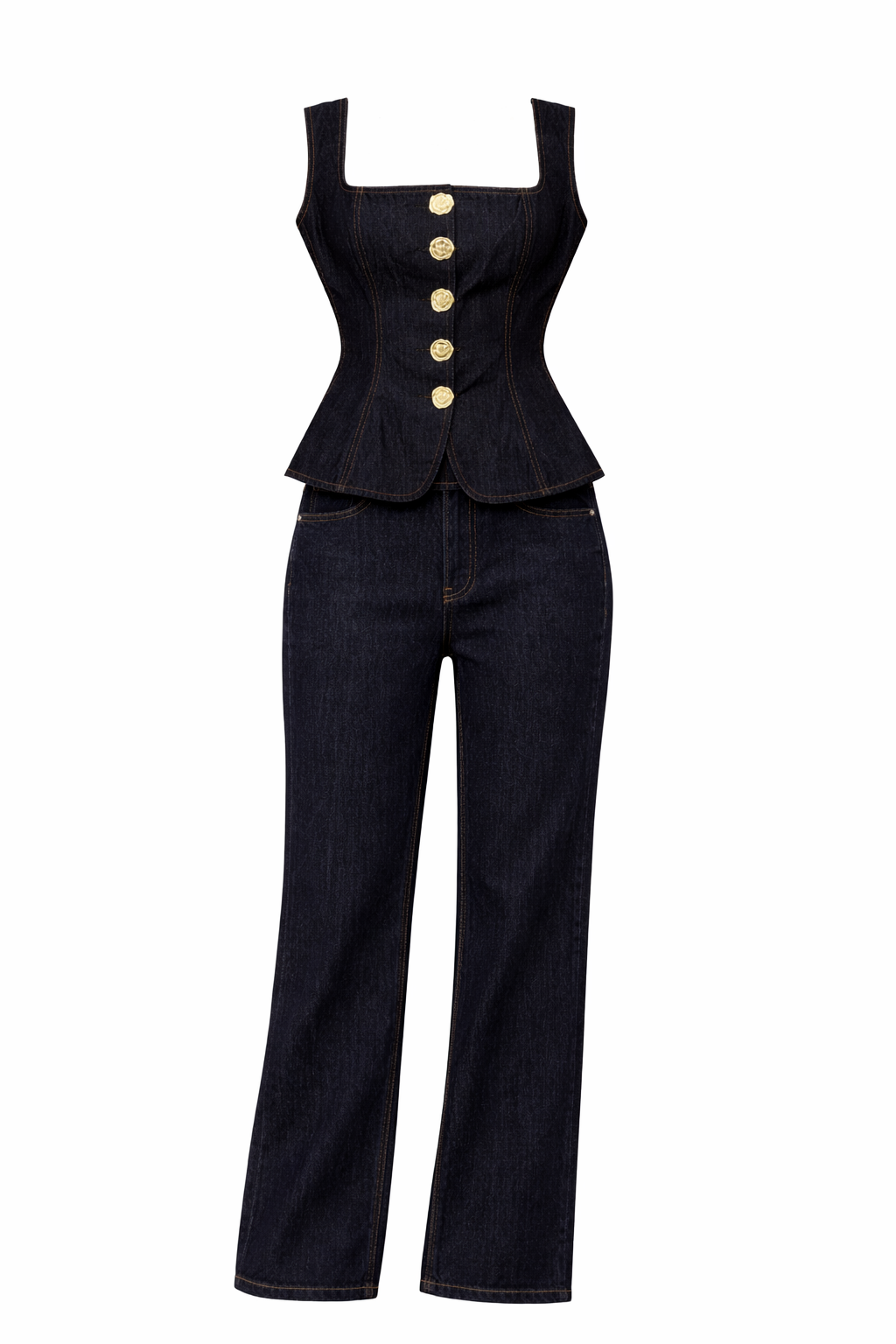 Women Modern Button High Waist Denim Top Trousers Set - Modestly Vogue 