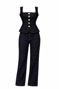 Women Modern Button High Waist Denim Top Trousers Set - Modestly Vogue 