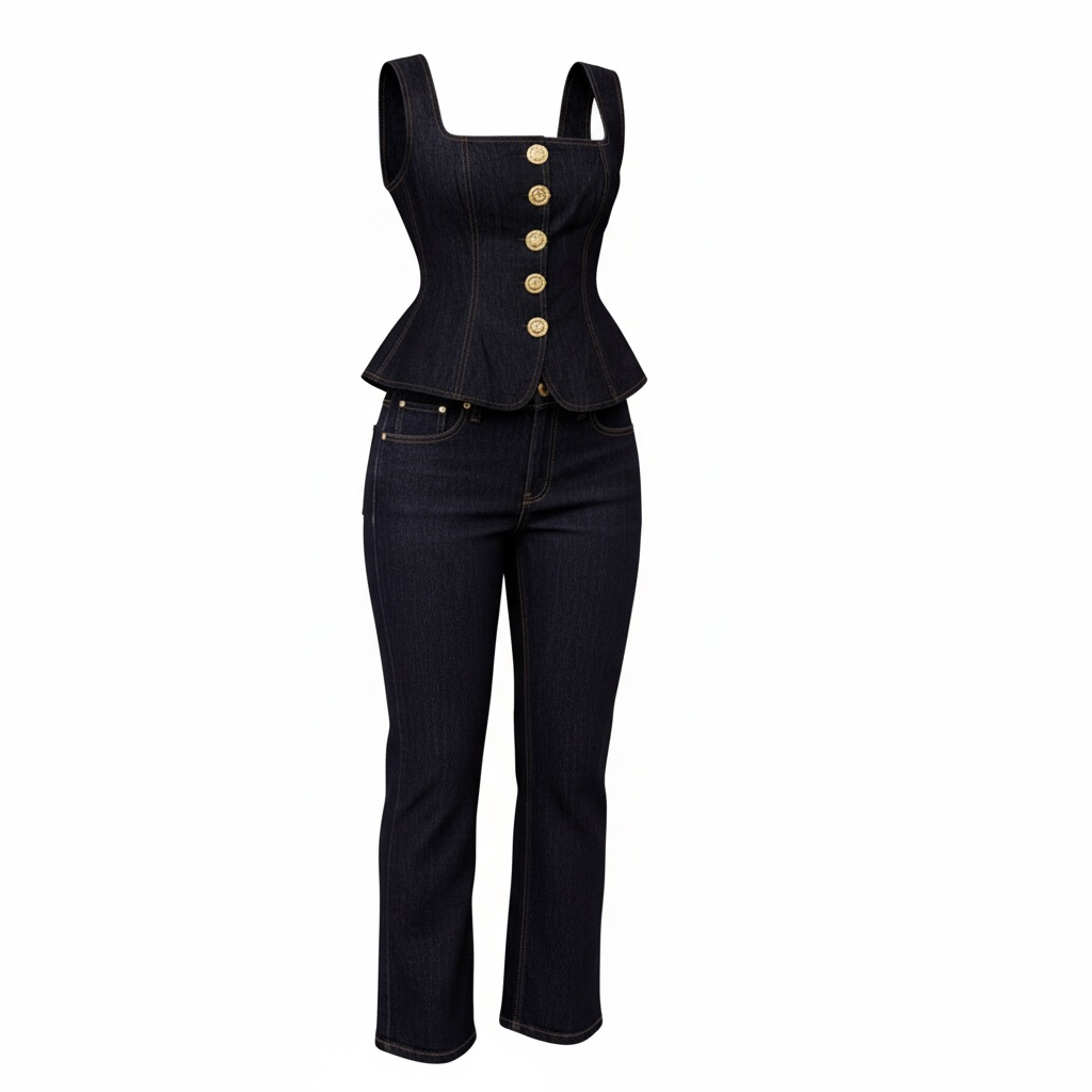 Women Modern Button High Waist Denim Top Trousers Set - Modestly Vogue 