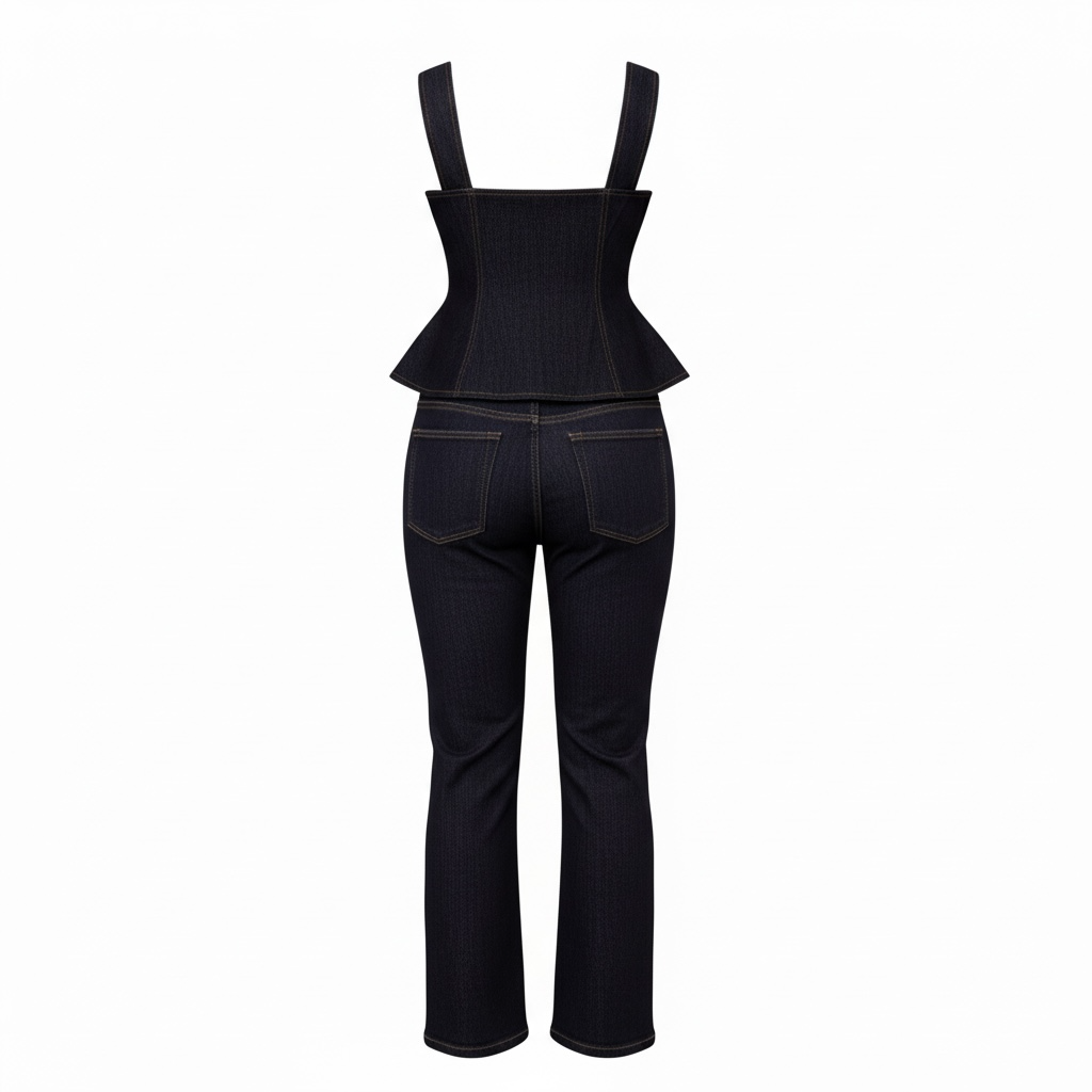 Women Modern Button High Waist Denim Top Trousers Set - Modestly Vogue 