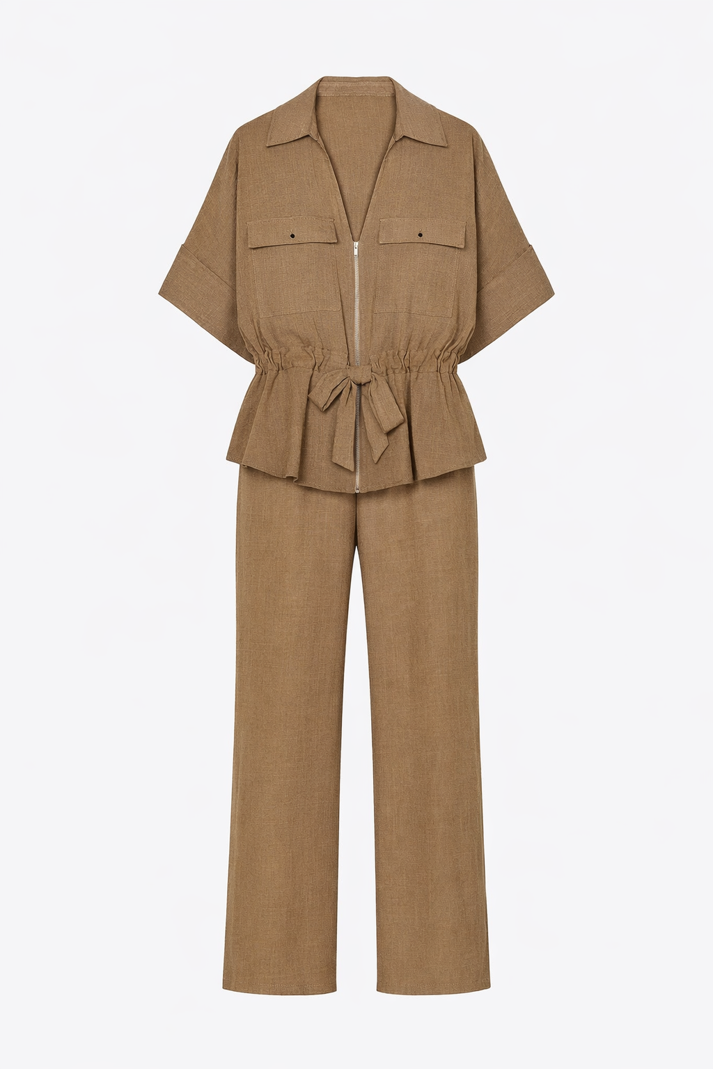 Women Hunting Long Sleeve Collared Shirt Elastic Waist Wide Leg Pants - Modestly Vogue 