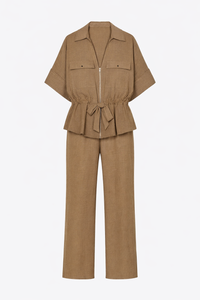 Women Hunting Long Sleeve Collared Shirt Elastic Waist Wide Leg Pants - Modestly Vogue 