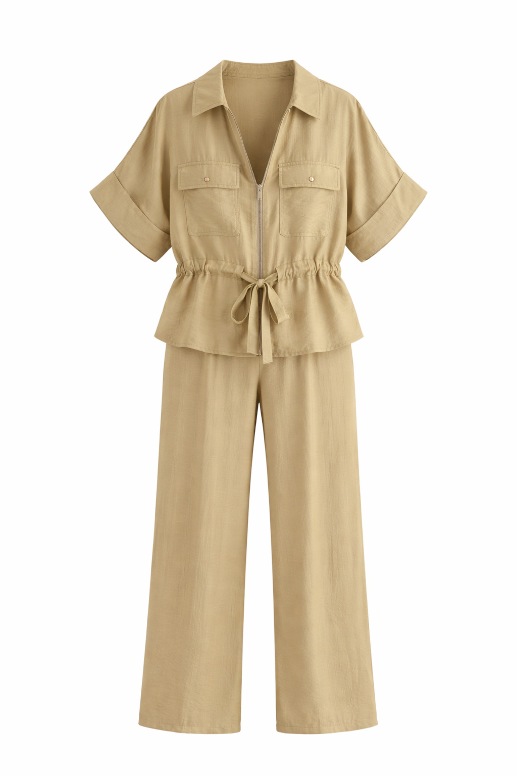 Women Hunting Long Sleeve Collared Shirt Elastic Waist Wide Leg Pants - Modestly Vogue 