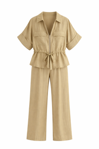 Women Hunting Long Sleeve Collared Shirt Elastic Waist Wide Leg Pants - Modestly Vogue 