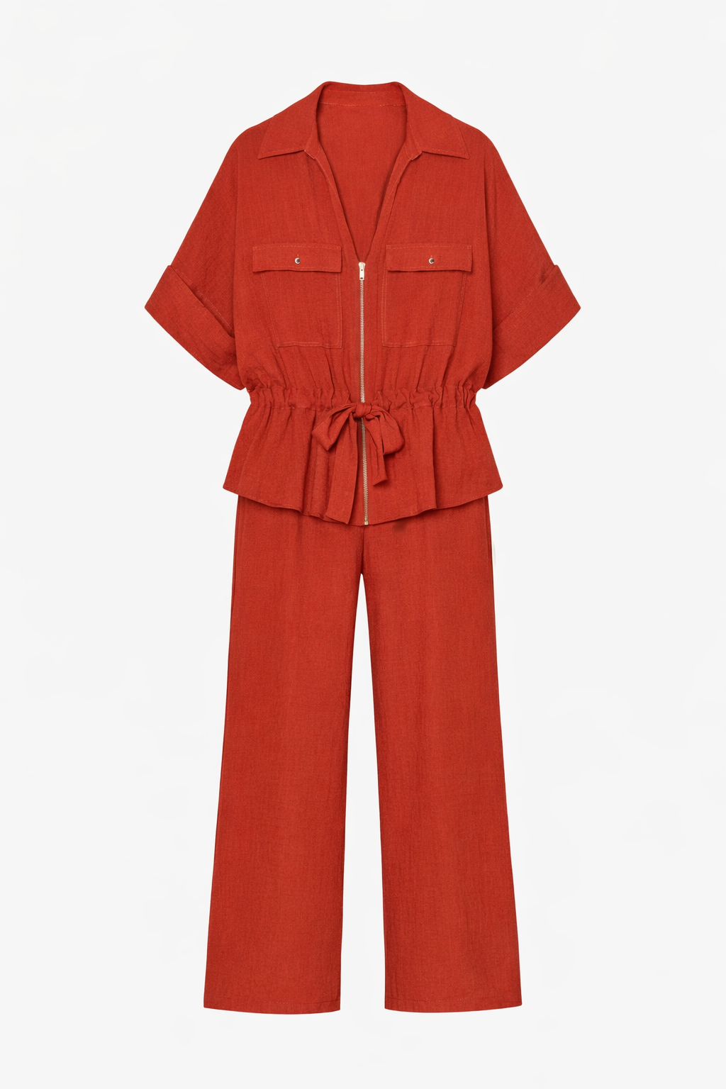 Women Hunting Long Sleeve Collared Shirt Elastic Waist Wide Leg Pants - Modestly Vogue 
