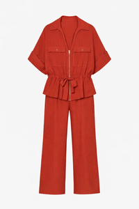 Women Hunting Long Sleeve Collared Shirt Elastic Waist Wide Leg Pants - Modestly Vogue 