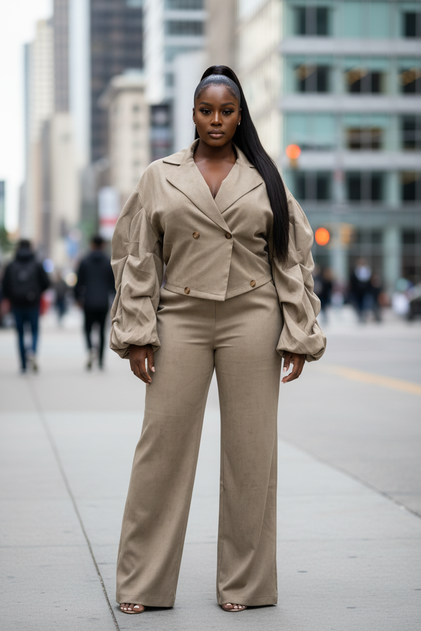 Office Casual Large Collared Pleated Sleeves Work Pant Two Piece Sets - Modestly Vogue 