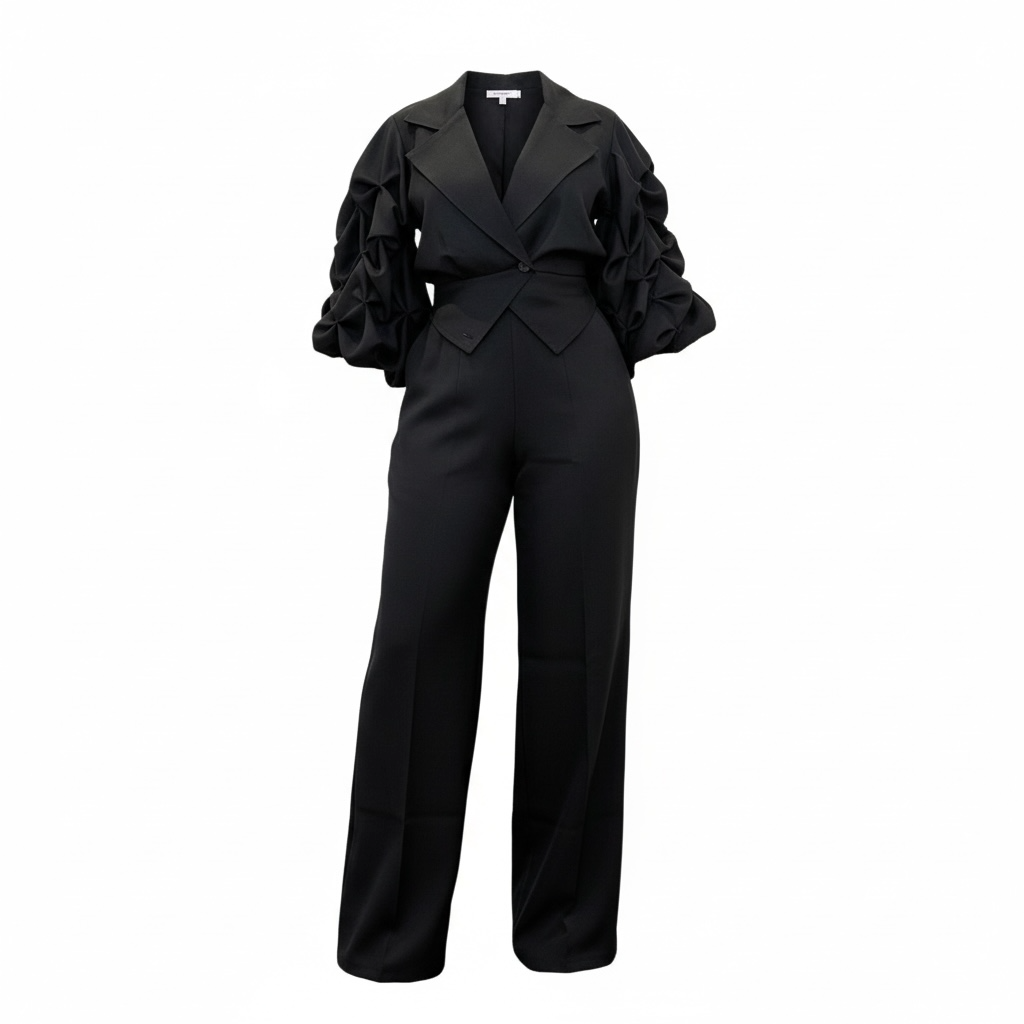 Office Casual Large Collared Pleated Sleeves Work Pant Two Piece Sets - Modestly Vogue 