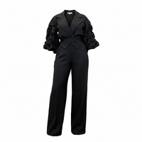 Office Casual Large Collared Pleated Sleeves Work Pant Two Piece Sets - Modestly Vogue 