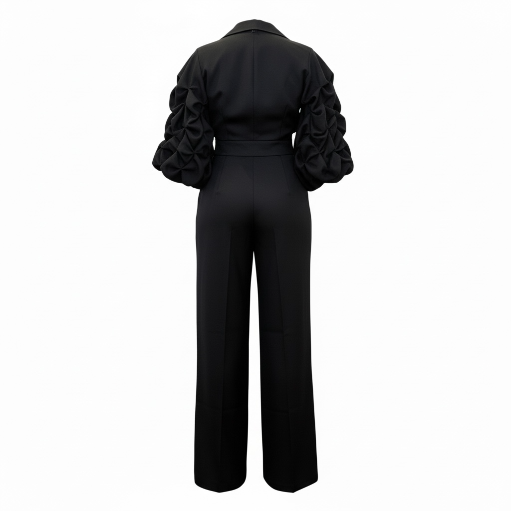 Office Casual Large Collared Pleated Sleeves Work Pant Two Piece Sets - Modestly Vogue 