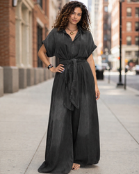 Polo Collar Breasted Lace up Short Sleeve Loose Wide Leg Denim Jumpsuit - Modestly Vogue 