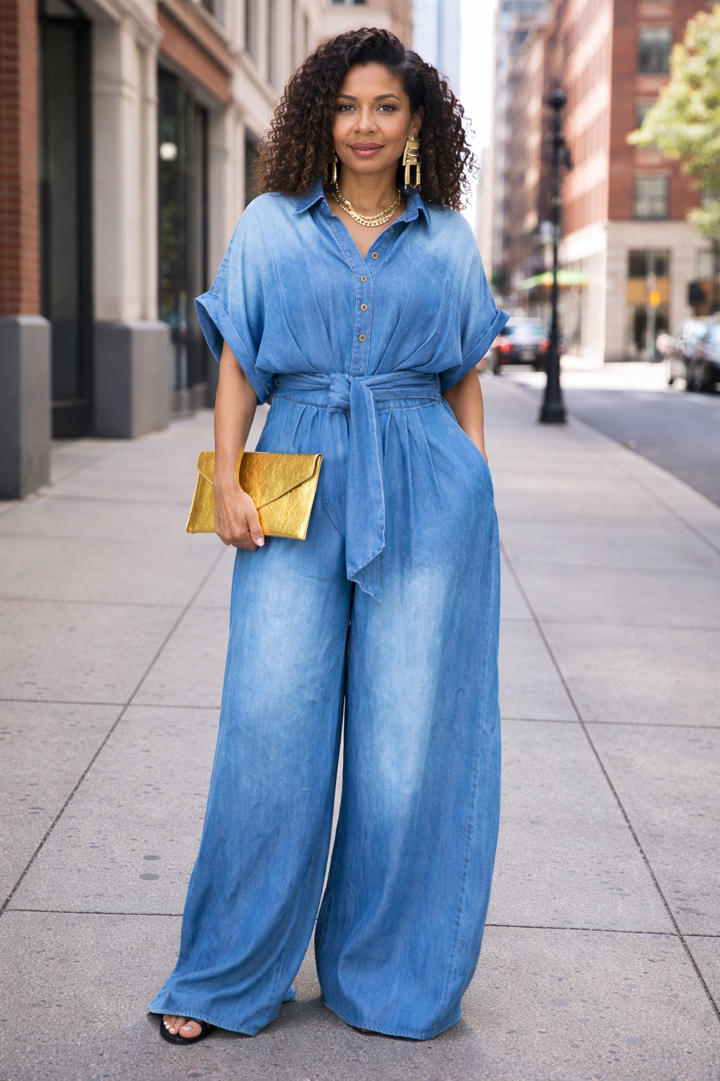 Polo Collar Breasted Lace up Short Sleeve Loose Wide Leg Denim Jumpsuit - Modestly Vogue 