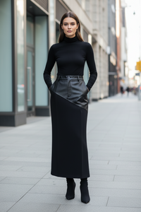 Women Clothing Retro Faux Leather Stitching Design Half Length Skirt Women Wild High Waist Slit Hip Skirt - Modestly Vogue 