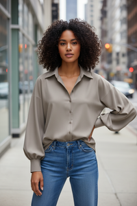 Neutral Button Down Collared Shirt – Women’s Classic Long Sleeve Blouse - Modestly Vogue 