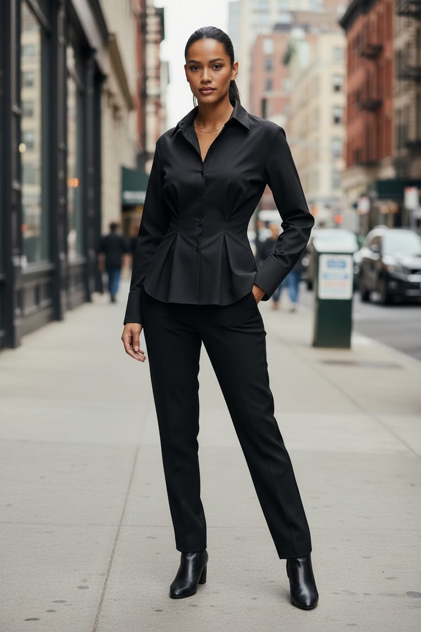 Black Button Up Long Sleeve Shirt Blouse - Modestly Vogue 