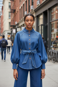 Dark Blue Button Up Waist-Tie Stand-up Collar Puff Sleeve Denim Top Shirt - Modestly Vogue 
