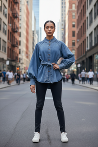 Light Blue Button Up Waist-Tie Stand-up Collar Puff Sleeve Denim Top Shirt - Modestly Vogue 