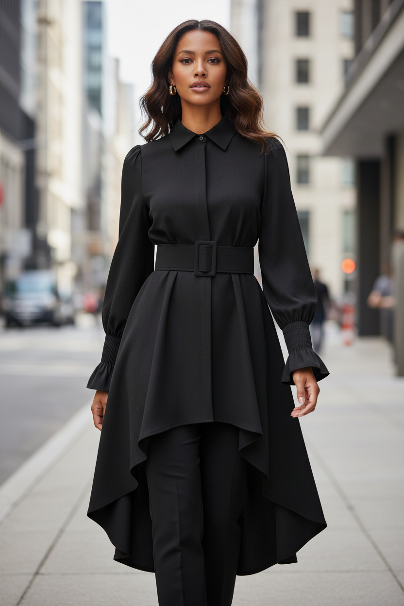 Black Cotton Polyester Asymmetrical Cut Shirt - Belt Included a Fit Black - Modestly Vogue 