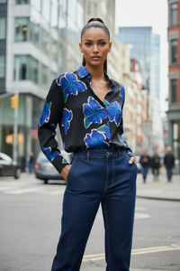 Women's Shirt with Blue Flowers - Stylish Floral Design - Modestly Vogue 