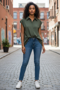 Olive Drawstring Waist Cap Sleeve Shirt - Modestly Vogue 