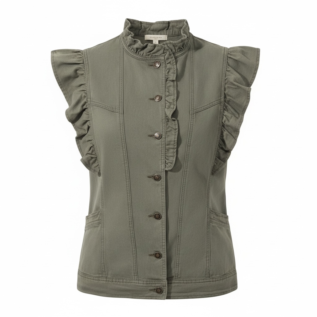 Khaki Denim Patchwork Ruffle Sleeve Jacket Vest - Modestly Vogue 