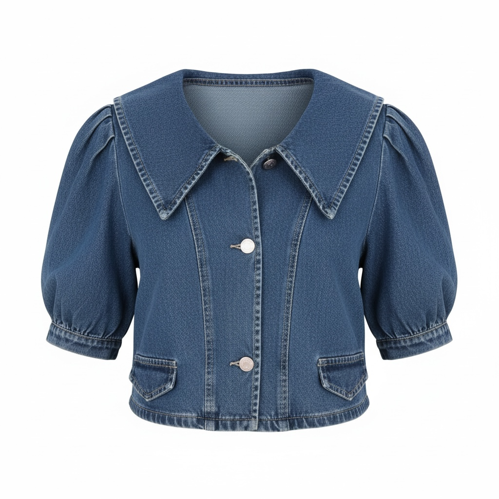 Button Up Puff Sleeve Denim Top - Modestly Vogue 
