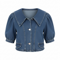Button Up Puff Sleeve Denim Top - Modestly Vogue 