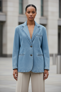 Casual Loose Washed Blue Denim Women Blazer – Relaxed & Stylish - Modestly Vogue 