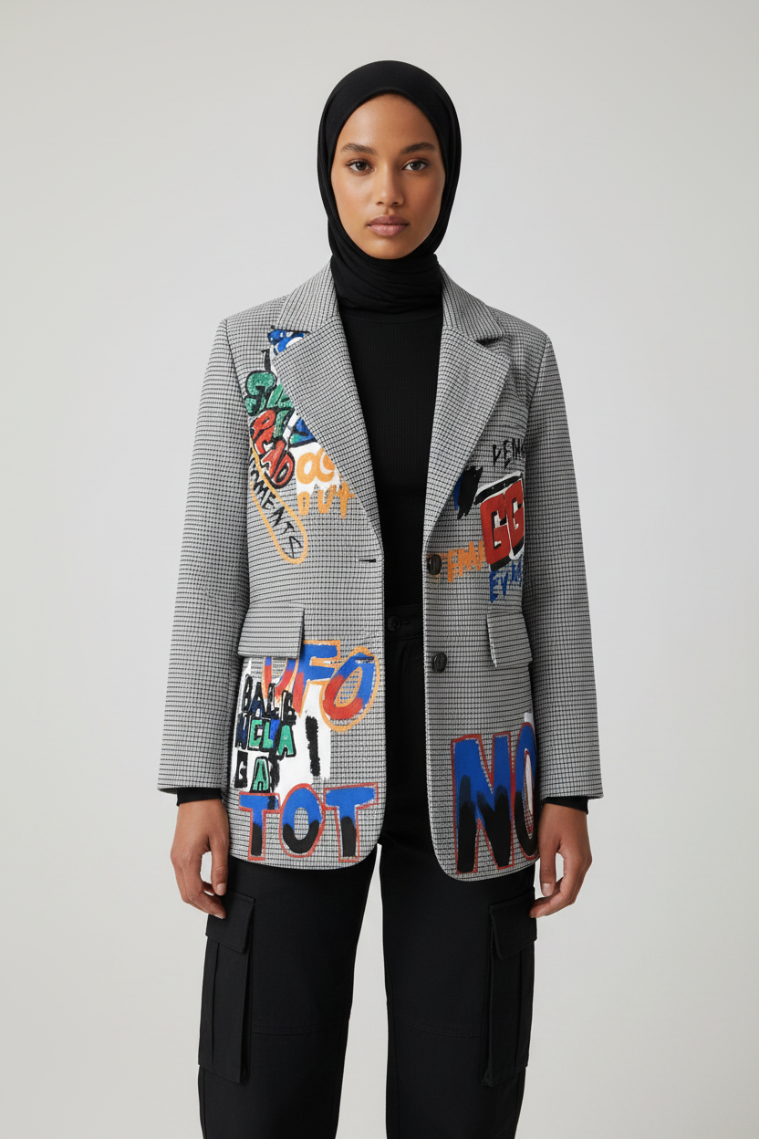 Graffiti Plaid Blazer | British Style Autumn Women’s Jacket