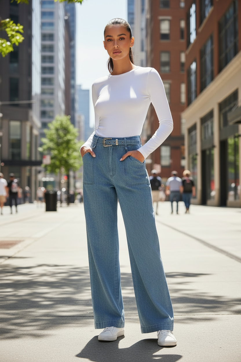 BELTED WIDE LEG DENIM TROUSERS JEANS - Modestly Vogue 