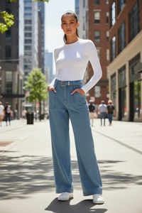 BELTED WIDE LEG DENIM TROUSERS JEANS - Modestly Vogue 