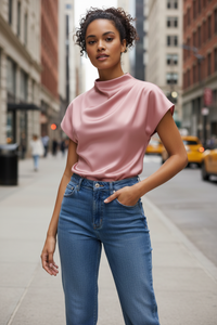 Women’s Pleated Satin Top – Round Neck Short Sleeve Blouse - Modestly Vogue 
