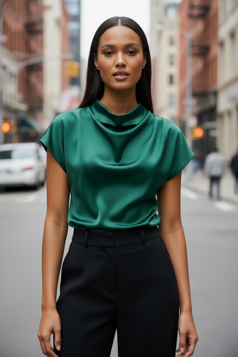 Women’s Pleated Satin Top – Round Neck Short Sleeve Blouse - Modestly Vogue 