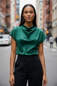 Women’s Pleated Satin Top – Round Neck Short Sleeve Blouse - Modestly Vogue 