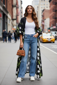 Black Women Elegant Floral Printed Maxi Kimono – Stylish & Comfortable Lightweight - Modestly Vogue 