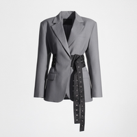 Fashion Lace-up Placket Waist Slimming Color Matching Suit Jacket - Modestly Vogue 