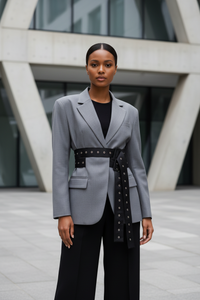 Fashion Lace-up Placket Waist Slimming Color Matching Suit Jacket - Modestly Vogue 