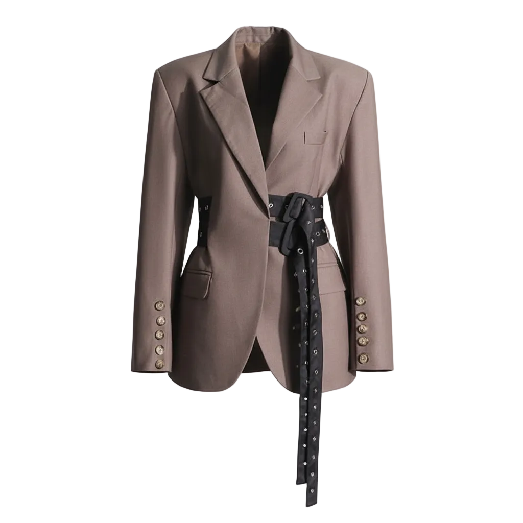 Fashion Lace-up Placket Waist Slimming Color Matching Suit Jacket - Modestly Vogue 