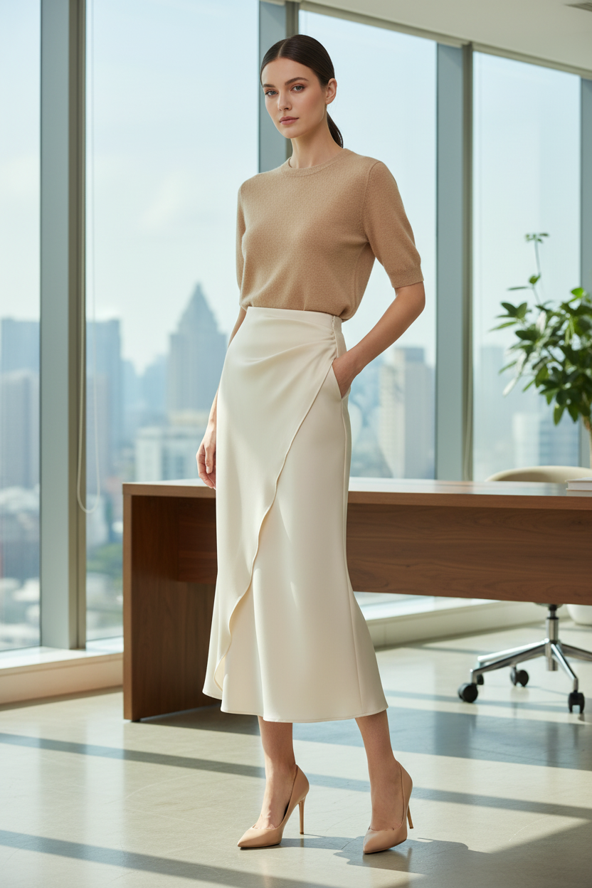 Women’s Satin Midi Skirt – Elegant Mid Length Silk Style - Modestly Vogue 