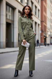 BOTTON DOWN CARGO JUMPSUIT - Modestly Vogue 