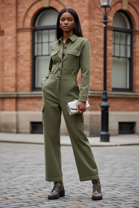 BOTTON DOWN CARGO JUMPSUIT - Modestly Vogue 