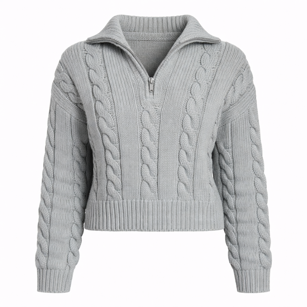 CABLE KNIT SWEATER WITH HALF ZIP - Modestly Vogue 