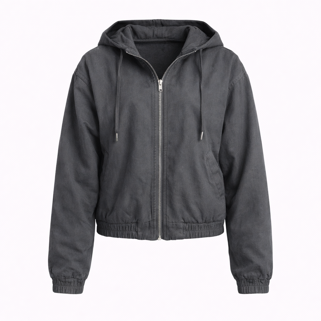 VINTAGE WASHED DENIM ZIP UP HOODIE - Modestly Vogue 
