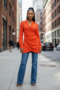 MNI LONG SLEEVE COLLARED WRAP TOP - Modestly Vogue 